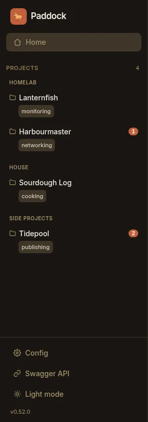 The sidebar reduced to a single Home link above the Projects list, with the Config gear sitting at the bottom